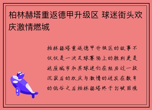 柏林赫塔重返德甲升级区 球迷街头欢庆激情燃城